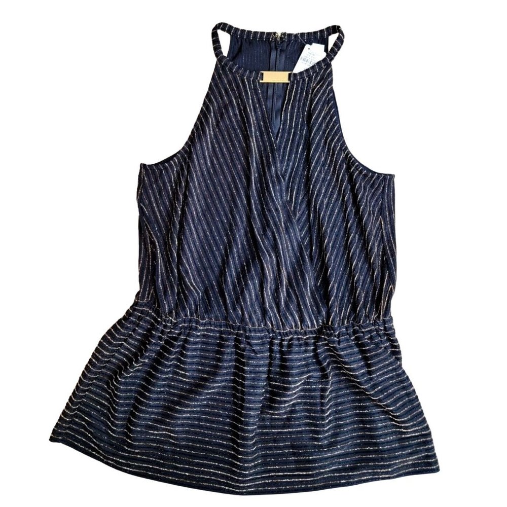 Michael KORS Peplum Blouse Womens Medium Black Gold V Neck Choker Top NWT